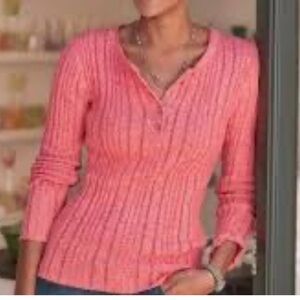 Sundance Echo Beauty Ribbed Knit Henley Sweater Coral Cotton /Silk Size SP